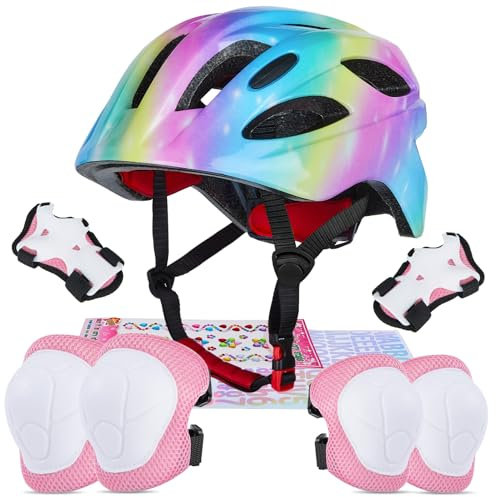 Kinderhelm für 3-8 Jahre Kinder Fahrradhelm Mädchen, Verstellbar Kinder Protektoren Schutzausrüstung Kinder Knieschützer Set,Rainbow