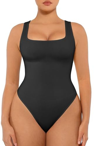 FeelinGirl Bodysuits for Women Tank Tops Bodysuit Seamless Tummy Control Bodysuit Compression Shapewear Bodysuit Black M/L