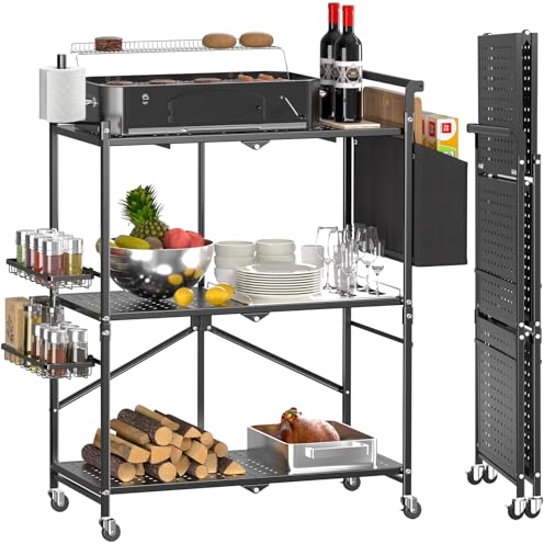 DTUQYX Foldable Outdoor BBQ Trolley with 3 Tiers, Outdoor Grill Table with 2 Total Locking Wheels, Pizza Oven Table, Wheeled BBQ Table and Island of