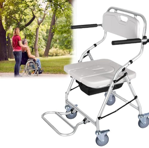 vanenferse Portable Commode On Wheels, Toilet Safety Frame with Arms, Shower Seats for Elderly Foldable with Back, Ergonomic Seat, Mobility & Daily Living Aids, Load Capacity 150kg