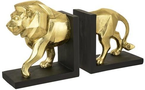 Baroni Home Lot de 2 serre-livres décoratifs en résine, décoration pour la maison, design moderne pour la maison et le bureau, idée cadeau, couleur or avec bords noirs, 31 x 9 x 18 cm (lion