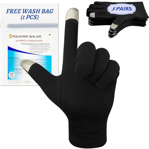 Migliore Wear 5 Pairs Cotton Eczema Gloves, Touchscreen Black Cotton Gloves | 5 Pairs Washable Moisturising Gloves for Sleeping, Cotton Liner Gloves Adults with 1 Free Wash Bag