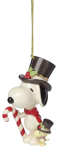 Lenox Ornaments, Snoopy & Woodstock with Candy Cane Ornament, Porcelain Material, Gold Cord for Tree Decoration, Christmas Decorations, Christmas Ornaments, Snoopy Design, Winter Decor (1 Piece)