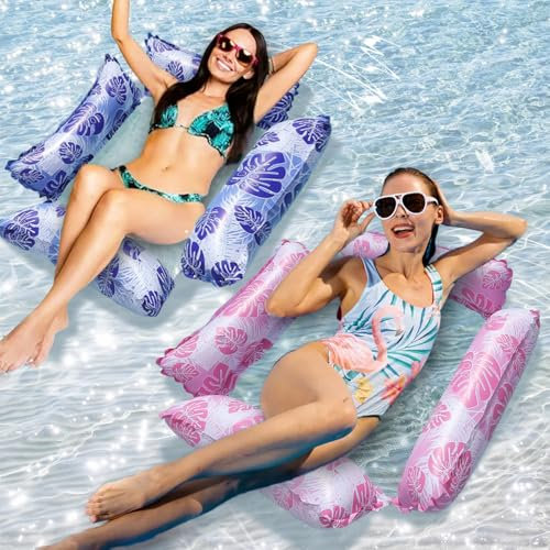 Hamaca Adulto Piscina, 2 Piezas Hamaca Piscina 4 en 1, Hamaca de Agua 4 en 1, 4 en 1 Colchoneta Piscina, Hamaca Hinchable Piscina, 4 en 1 Hamaca Flotante para Cama, para Fiesta Piscina(Rosa+Azul)