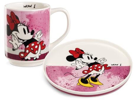 Egan Beilagenteller + stapelbares Tassen-Set – Mickey & Minnie Mouse I AM Collection | Neues Knochenporzellan | Spülmaschinen- und mikrowellengeeignet | Frühstückskaffee & Snack-Set | Geschenk für