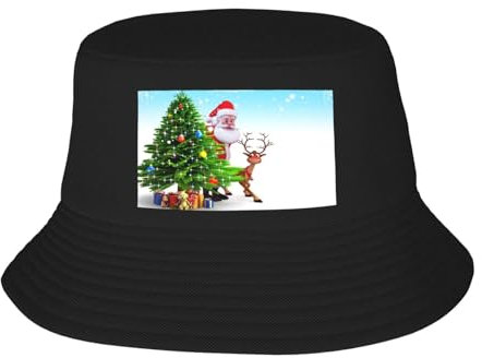 Hgbbdyyjj Weihnachtsmann-Weihnachtsbaum, Baumwollmischung, lässig, faltbar, personalisierbar, bedruckt, modisch, mehrere Szenen, Sommer-Fischerhut, Schwarz , Einheitsgröße