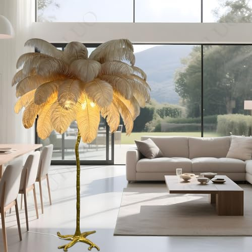 YYUTLUO Stehlampe Federn, Körper Aus goldenem Kunstharz+Natürliche Straußenfeder+Metallsockel, 3 Farbtemperaturen, E14-LED-Birnen*3, Wohnzimmer Esszimmer Aktivität Kinderzimmer (H120*Ø75cm)