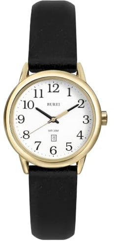 BUREI Damenuhr Schwarz Leder Armbanduhr Analog Wasserdicht Quarzuhr Damen Einfache Business Uhr für Frauen, Leuchtendes Leicht ablesbares Zifferblatt, Geschenke für Frauen