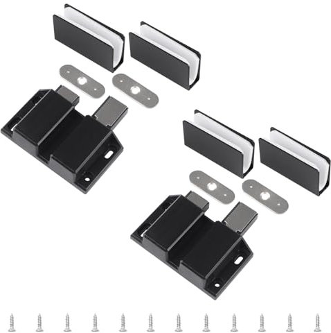 UFURMATE 2 Set Push Open Double Glass Door Magnetic Touch Latchs with Adjustable Clamp and Metal Plate, Fit for 3-8mm Free-Swinging Glass Doors or Wooden Doors (Black)