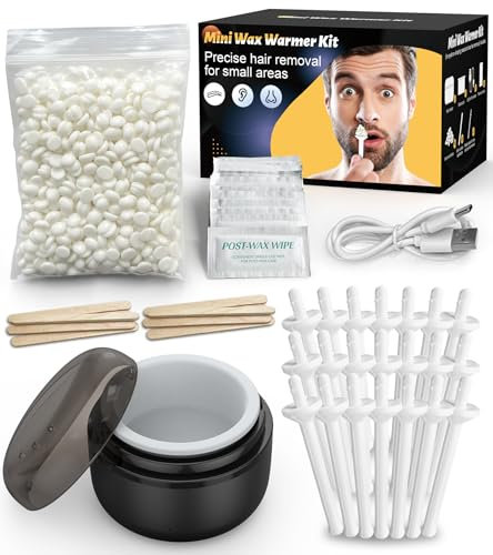 Nose Hair Wax Kit for Men and Women: Facial Waxing Kit with Black Mini Heater, USB Rapid Heating, Constant Temperature, 100g Wax, 20 Ear Wax Applicators, 10 Wooden Waxing Sticks, 10 Moustache Stencils