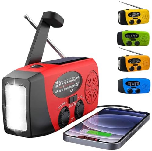 Radio d'urgence portable, à manivelle solaire avec tuner AM/FM 2000 mAh, chargeur de téléphone USB, alarme SOS, lampe de poche LED pour la maison, le camping, la randonnée (rouge)