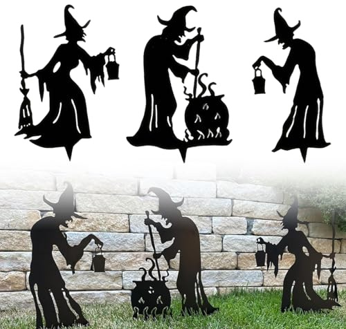 SHUOHONG 3 Stück Halloween Hexe Silhouette Hof Schilder, Halloween Deko Garten, Hexen Schwarz Kessel Gartenstecker Dekoration, Gruselige Halloween Schild Outdoor Dekoration für Außenbereich Rasen