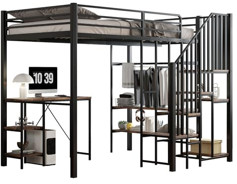 Azkoeesy letto a soppalco con scrivania, 120x200 cm, letto singolo in metallo multifunzionale, con scala di sicurezza, appendiabiti, mensole per libri, per adolescenti e adulti, colore nero