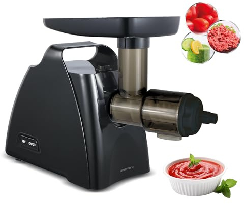 Sinotech Tritacarne e Passapomodoro Elettrico, Multifunzione con Slow Juicer, Sistema di Sicurezza, Accessori per Salsicce e Kubbe, Filtro in Acciaio