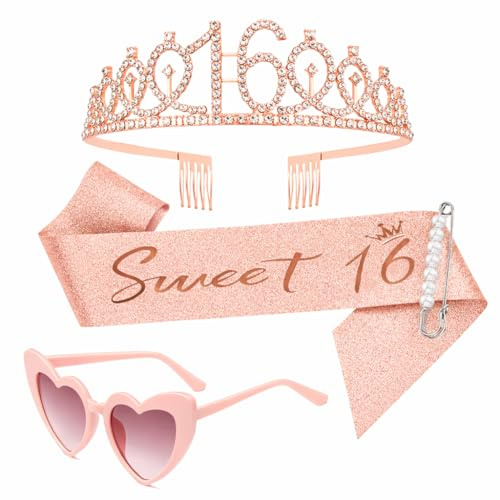 16 Geburtstag Mädchen Deko Sweet, 16 Schärpe und Tiara Rose Gold, Contains A Pink Heart-Shaped Pair Of Glasses, Geschenke Krone für Birthday Girl Party Dekorationen Geschenke für 16-Jährige Mädchen