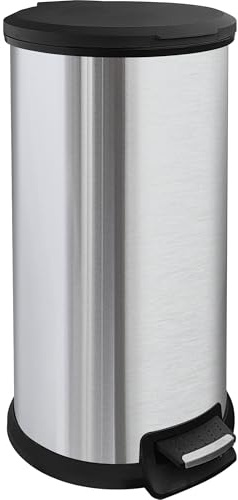 Ullege Kitchen Bin, Round Rubbish Bin for Kitchen, Tall Pedal Bin, Silver | 40L Pedal Bin with Inner Ring Bag Holder, Portable Handle and Non-slip Base, Large Bin for Kitchen, Living Room and Office