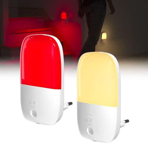Klarlight LED Veilleuse Prise Électrique, Luminosité Réglable Veilleuse Enfant avec Capteur de Crépuscule, ON/OFF/AUTO Modes pour Chambre, Salles de Bains, Commutable Blanc Chaud/Rouge(Lot de 2)
