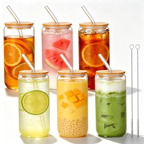 Zencantorous 6 Pezzi 500ml Bicchieri di Vetro con Coperchi e Cannucce