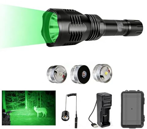 Predator Illuminator mit einer dreifarbigen LED-Jagdlampe in Grün, Rot und Weiß, die eine Ausleuchtung von 350 Metern bietet. Geeignet für die Jagd auf Wildschweine, Kojoten und nachtaktive Hirsche