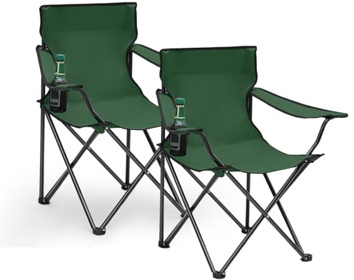 Sunula 2 Stück Leichter Klappstuhl Outdoor mit Getränkehalter & Tragetasche, Stabiler Anglersessel Klappbar, Praktischer Campingstuhl Ideal für Angeln Camping Picknick Dunkelgrün