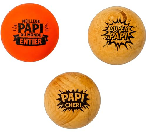 ERNESTINE - 3 Stück Boccia-Kugelchen aus Holz mit Gravur Papi – eine Leuchtkugel im Lieferumfang enthalten – originelles Geschenk zum Großvätertag – Bouliste-Zubehör, hergestellt in Frankreich