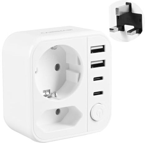 Adattatore Presa Inglese, Adattatore UK con 2 USB-A e 2 USB-C, adattatore tipo G, Adattatore Spina Irlandese, Spina Tpo G per Inghilterra/Scozia/Irlanda/Dubai/Maldive