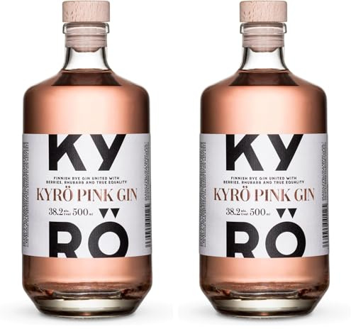 Kyrö Pink Gin 38,2% Vol. | Kyrö Distillery| Finnischer Roggengin| Aufgegossen mit Preiselbeeren, Erdbeeren und Rhabarber | 500ml (Packung mit 2)