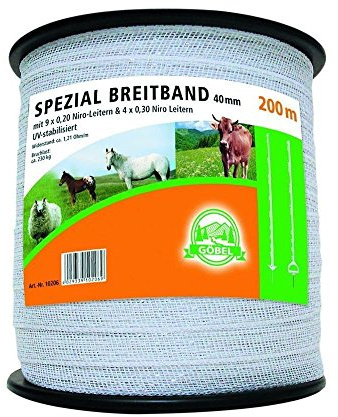 Göbel Weidezaun Spezial Breitband 200m 40mm 13 Niroleiter 1,21 Ohm/m UV Stabilisiert