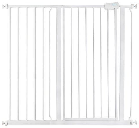 Safetots Puerta para Perros Extra Alta, 107.4cm - 115cm, Blanco, Extra Alta de 104cm de Altura, Puerta para Mascotas con Ajuste a Presión para Perros y Cachorros, Instalación Fácil.