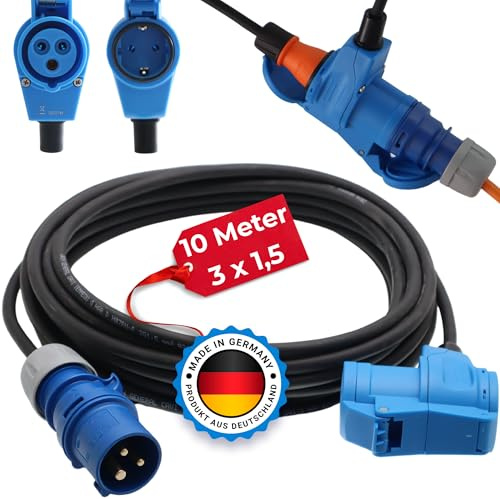 Camping Adapter 10m Mit CEE Winkelkupplung Und Integrierter Schuko Steckdose H07RN-F Kabel 3x1,5 Verlängerungskabel Strom Kabel Wohnmobil Wohnwagen Caravan Landstromanschluss