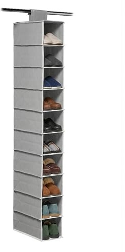 Premier Housewares Grey and White Hanging Shoe Storage Organiser | 10 Shelf Fabric Shoe Rack for Wardrobe Rail | Foldable Closet Shoe Holder For Bedroom | Shoe Shelf Organiser