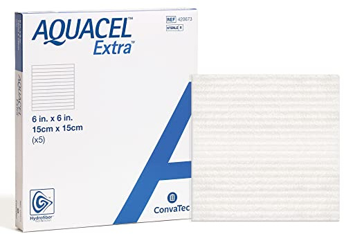 ConvaTec AQUACEL Extra 6x6 Hydrofiber Absorbant Dressing for Moderate to Highly Exuding Wounds, Non-Woven Two-Dimensional Strengthening Fibers, Square, 5ct Box