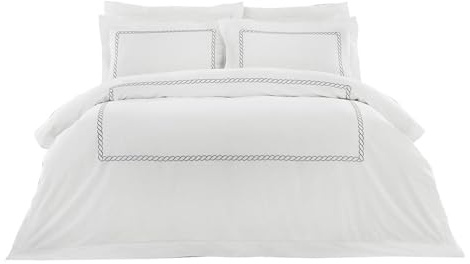 Riva Paoletti 5-Star Hotel Quality Cleopatra DUVet Cover Set - Pure Soft Cotton - Silver Rope Embroidery - 2 x Oxford Pillowcase - Machine Washable - 200 x 200cm (79 x 79 inches), White & Silver