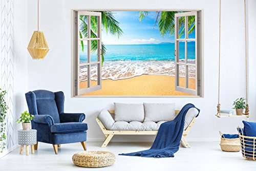 Vinyl Fenster Strand Palmen | verschiedene Größen | Aufkleber enthalten | Deko | Aufkleber | Bunt | Professionelles Design 40x50cm