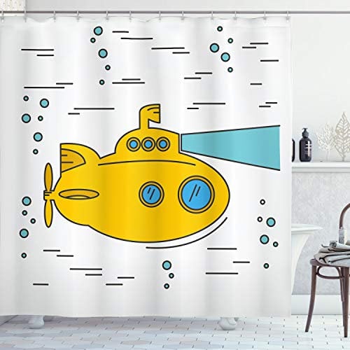 ABAKUHAUS Yellow Submarine Shower Curtain, Ocean Nautical Adventure Underwater Bubbles Porthole Cartoon Kids, Cloth Fabric Bathroom Decor Set with Hooks, 78 Inches, White Yellow Blue
