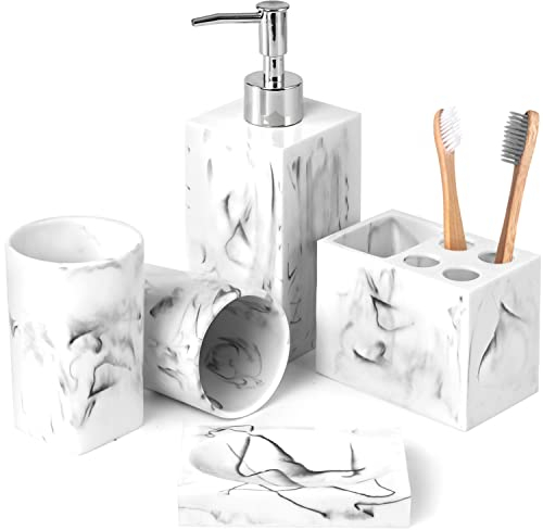 Haturi Ensemble d'accessoires de Salle de Bain 5 pièces Aspect marbre avec Distributeur de Savon et Porte-Brosse à Dents, comptoir, Toilettes, Kits de décoration d'appartement, Cadeau pour Homme et