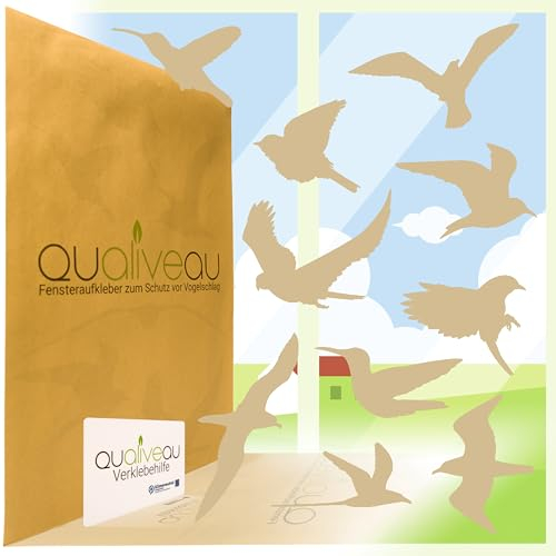 QUALIVEAU® 10-18cm große Aufkleber zum Schutz vor Vogelschlag | Komplett – Set mit Verklebehilfe | Farbe: Beige