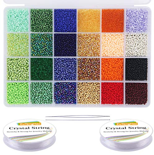 EuTengHao Lot de 14400 petites perles en verre pour loisirs créatifs, bracelets, colliers, travaux manuels, fabrication de bijoux avec deux cordons transparents de(600 pièces par couleur, 24 couleurs)