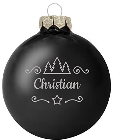 Deitert Weihnachtskugel mit Namen oder Wunschtext graviert, Ø 8cm, personalisierte Christbaumkugel aus Glas (glänzend), individueller Weihnachtsbaumschmuck mit Gravur, Tannen-Motiv, Schwarz