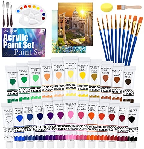 Vicloon Acrylic Paint Set, 43 Pcs Acrylic Paint Set Colour Kit with 11 Paint Brushes, Non Toxic, for Paper, Canvas, Wood, Ceramic, Fabric, Craft for Beginners, Students, Kids or Hobby Painter