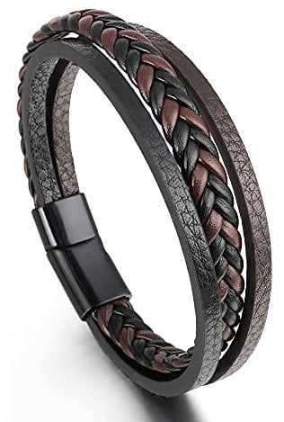 Branets Men's Leather bracelet in Brown, Cowhide Leather Genuine Women Unisex Cuff Wrap Bracelet Multi-Layer Magnetic Clasp Rope Wristband for Men and Women