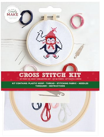 Simply Make Cross Stitch Kit - Penguin Design for Kids and Adults, Including Hoop, Embroidery Thread, Fabric and Needle - Perfect for Adult Crafts and Beginners - Starter Cross Stitch Craft Kit