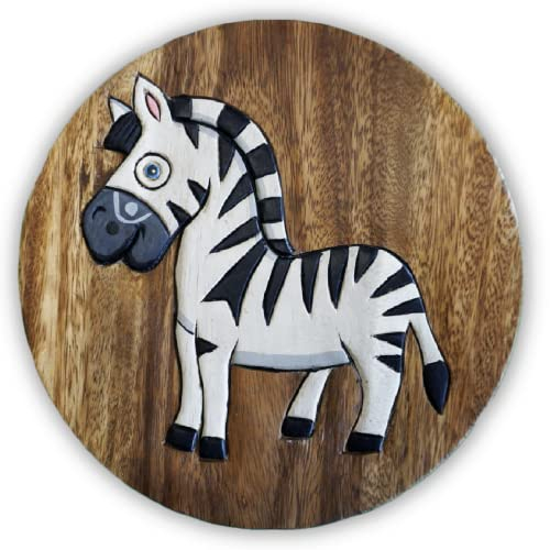 IMAGO Kinderhocker Holz Schemel Kinderstuhl Massivholz bemalt und geschnitzt Höhe 25 cm (Zebra, Brown)