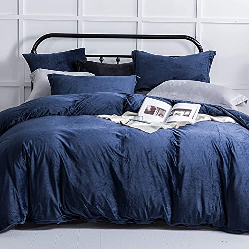 Sedefen Samt Biber Bettwäsche 135x200cm Mädchen Dunkelblau Winter Warme Cashmere Touch Flauschig Flanell Uni Bettbezug Deckenbezug und Kissenbezug mit Reißverschluss
