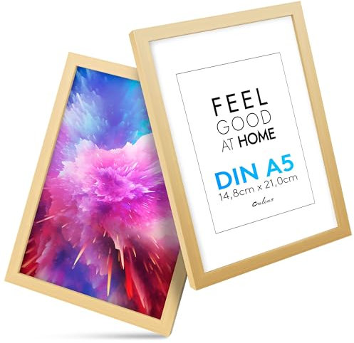 Calias® [2 STK.] Bilderrahmen A5 Natur - Bilderrahmen Holz mit bruchsicherem Plexi Glas - Holzbilderrahmen inkl. Aufsteller und Aufhängung - Echtholz Bilder Rahmen FSC zertifiziert - Made in EU