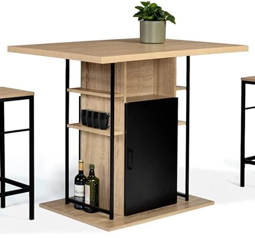IDMarket - Ilot central UGO 110 cm madera negra e imitación haya con almacenamiento de diseño industrial
