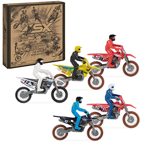 Supercross, Authentic 5-Pack of 1:24 Scale Die-Cast Motorcycles with Rider Figure, Toy Moto Bike for Kids and Collectors Ages 3 and up