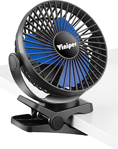 viniper 6 inch Rechargeable Clip on Fan, 5000mah Battery Desk Fan : 360° Rotation & 3 Speeds Strong Wind Portable Fan, Longer Working Hours, Quiet and Powerful (Black,Blue)