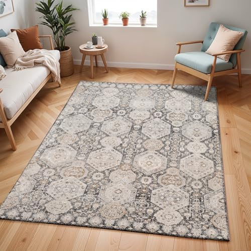 Livabliss Djelfa Vintage Teppich groß - Orientalischer Teppich Wohnzimmer 200x275 cm, Esszimmer, Schlafzimmer - Boho Kurzflor Teppiche für einfache Pflege - Schwarz, Grau, Senfgelb, Beige