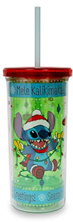 Disney Lilo & Stitch Holiday Lights Gobelet en plastique pour carnaval avec paille réutilisable et couvercle étanche 591 ml